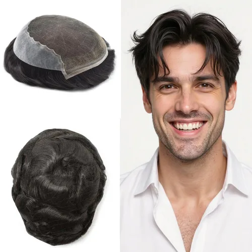 Miniatura 63 de Toupee - Sistemas de reemplazo de cabello para hombre, encaje frontal suizo, nudo blanqueado, pieza de cabello humano natural 1# negro azabache, 8 x