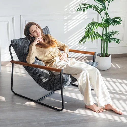 Miniatura 4 de MAXYOYO Silla de Acento Moderna, Silla Cómoda de Sala de Estar con Marco de Metal y Reposabrazos de Madera, Sillón Tapizado con Cojín Suave