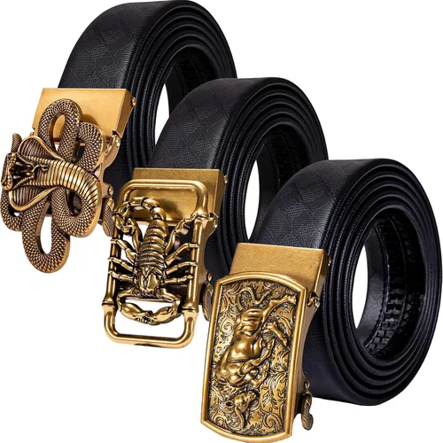 Barry.Wang Juego de Cinturones con Trinquete y 3 Hebilla para Hombre, Cinturón de Regalo de Cuero de Grano, Hebilla Automática de 3,5 cm, para Día