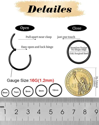 Miniatura 2 de Nose Rings Hoop and Nose Studs Sets for Women Men,Hypoallergenic 316L Surgical Stainless Steel Hinged Clicker Segment Nose Rings Hoop Helix