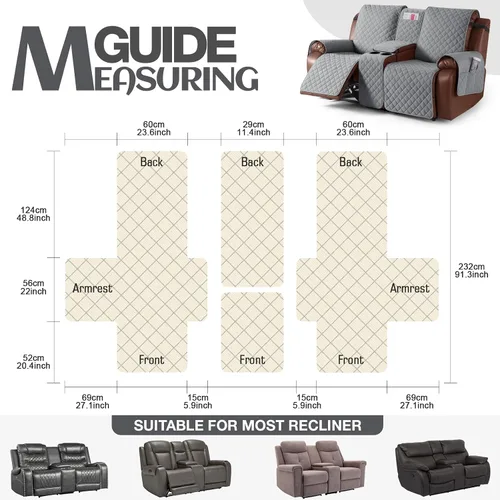 Miniatura 7 de KinCam Funda 100% impermeable para sofá biplaza reclinable con consola, fundas antideslizantes para sofá reclinable de 2 asientos, funda de sofá Gris