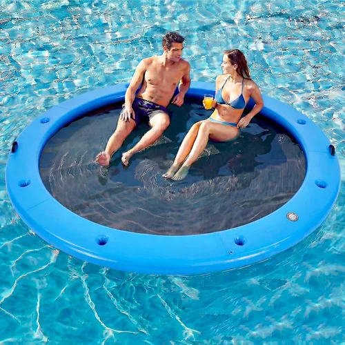 Miniatura 34 de 6-12FT Round Inflatable Floating Dock, Sunchill Float Ring, Water Hammock Tanning Pool Floats with Woven Fabric, Manual Pump for Quick Azul