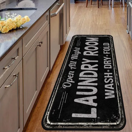 Miniatura 4 de Alfombra rústica para lavandería, antideslizante, lavable a máquina, decoración para cocina, baño, baño, baño, color negro (72 x 24 pulgadas)