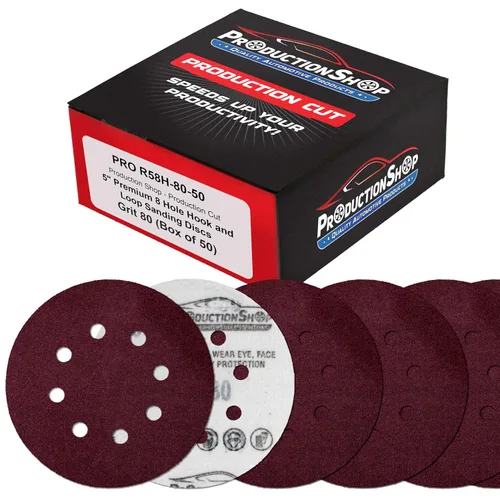 Miniatura 7 de ProductionShop Discos de lijado de grano 40 con patrón rojo de 8 agujeros de 5 pulgadas, caja de 30, papel de lija sin polvo con respaldo de gancho