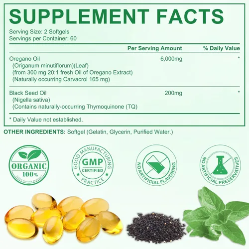 Miniatura 7 de 120 PIEZAS Aceite de Orégano con Aceite de Semilla Negra Aumenta el Sistema Inmunológico Cápsulas de Aceite de Orégano Orgánico, Clorofila