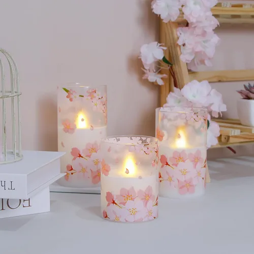 Miniatura 5 de Velas de cristal sin flama parpadeantes con control remoto y temporizador, flores de cerezo LED, cera real operadas por batería, juego de 3 velas