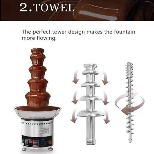 Miniatura 5 de Fuente de fondue de chocolate de acero inoxidable de 4 niveles, pantalla digital, máquina eléctrica comercial de fuente de chocolate, capacidad de 7