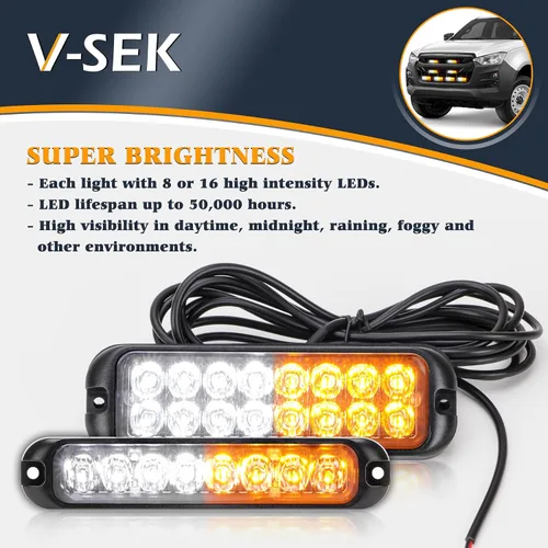 Miniatura 4 de Kit de 8 luces estroboscópicas LED ámbar y blancas de 8 LED y 16 LED, función de sincronización, ultra delgadas, luz de emergencia, advertencia