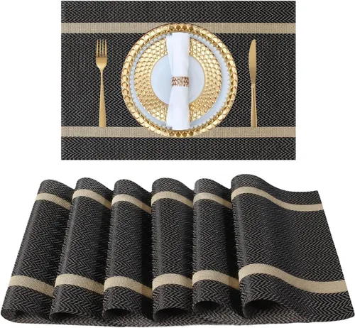 Miniatura 13 de FAVE Juego de 12 manteles individuales negros tejidos con hilo dorado de vinilo para bodas, banquetes, cumpleaños, fiestas, restaurantes