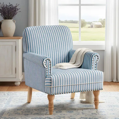 Miniatura 5 de HUIMO Silla decorativa de tela de lino, sillón moderno de mediados de siglo con patas de madera maciza, sillón individual, silla tapizada para club
