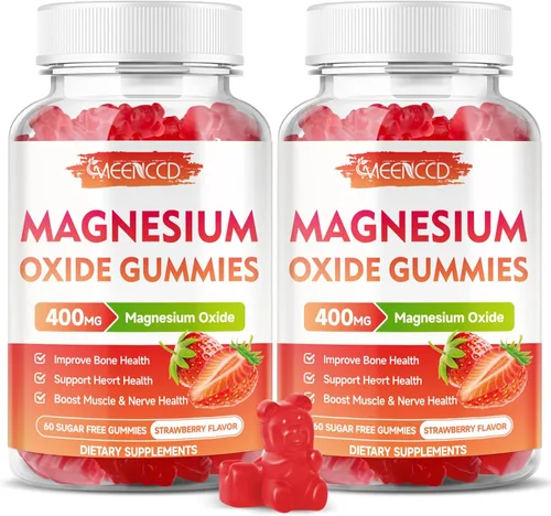 Paquete de 2 gomitas de óxido de magnesio de 400 mg, suplemento de óxido de magnesio masticable para adultos y niños, apoyo nervioso y muscular, sin