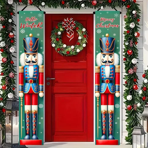 Miniatura 2 de BlissYard Estandartes de Porche Navideños de Cascanueces 12×71 Pulgadas Hola Invierno Feliz Navidad Decoraciones de Puerta Estandarte de Soldado