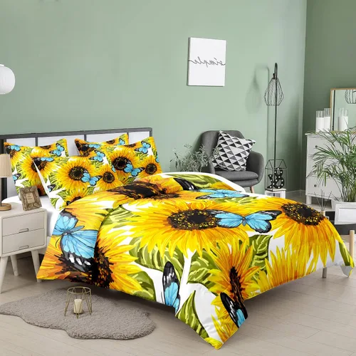 Miniatura 2 de Tailor Shop Juego de edredón amarillo, tamaño Queen, juego de ropa de cama de girasol, edredón de mariposa para niños y mujeres con 1 edredón y 1