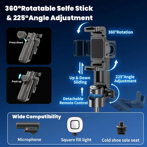 Miniatura 3 de Palo selfie multifuncional 4 en 1 y trípode para iPhone/Android, rotación de 360 grados, con control remoto, portátil para creadores de contenido