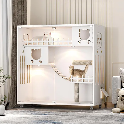Miniatura 7 de Condominio cerrado para gatos, jaula para gatos de gran espacio con poste rascador, recinto de madera para gatos para interiores y exteriores, casas