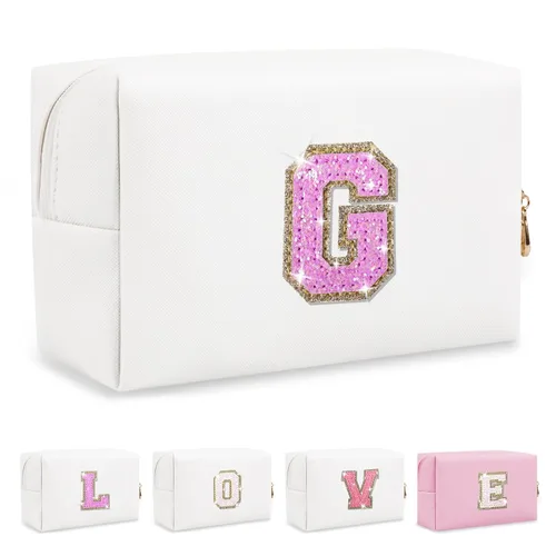 Miniatura 368 de Pequeña bolsa de maquillaje personalizada con inicial A-Z Preppy Patch, bolsa de cosméticos de viaje de felpilla blanca con cremallera, bonita bolsa