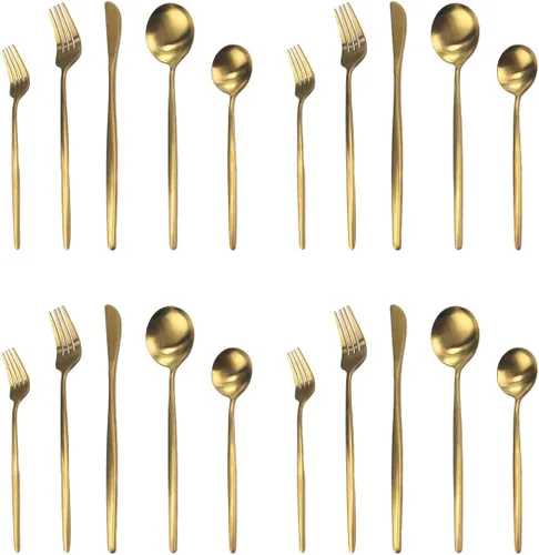 Miniatura 7 de Juego de cubiertos de 5 piezas, Uniturcky, de acero inoxidable negro y dorado, utensilios para comer con cuchillo, tenedor, cuchara para el hogar