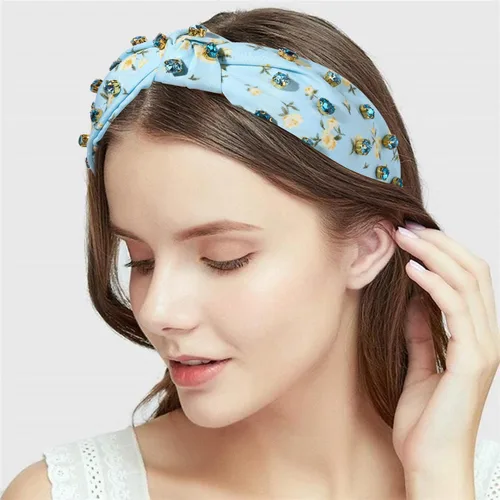 Miniatura 2 de Diademas anudadas con perlas para mujer, diademas de flores impresas con diamantes de imitación, diademas anudadas de cristal, cuentas brillantes