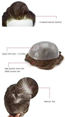 Miniatura 4 de Toupee para hombres Cabello humano real suave Poly Skin Mens Toupee Hair Units System Natural Looking Grey Brown Blonde Mens Hairpiece Protesis