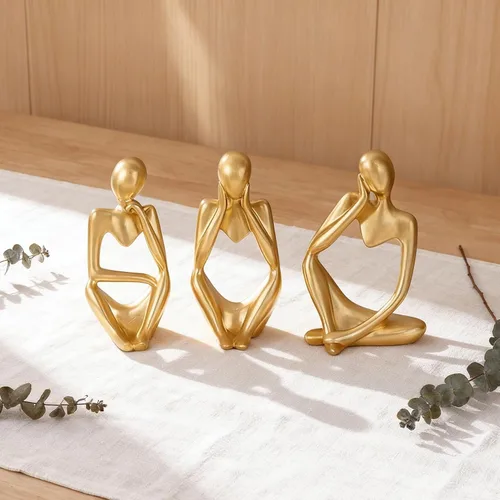 Juego de 3 estatuas abstractas de oro pensador, escultura de resina hecha a mano, escritorio de oficina moderno, decoración del hogar para