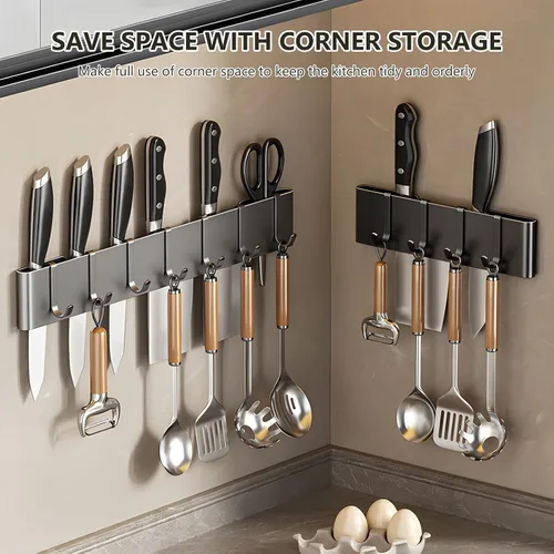 Miniatura 8 de Colgador de utensilios de cocina: soporte para colgar en pared, 7 ganchos, sin taladrar para cocina, despensa, baño, sala de estar de 15.75 pulgadas