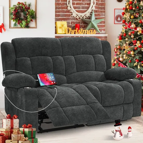 Miniatura 11 de Juego de Sofá Reclinable de Dos Plazas con 2+1 Piezas, Sillón Reclinable Minimalista de 2 Plazas con Pestaña de Tirón Manual, Tela con Puertos