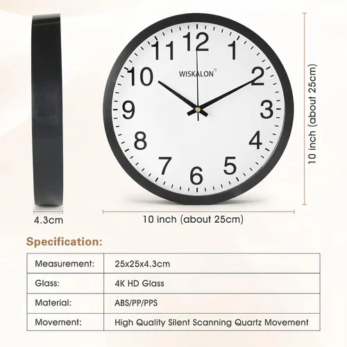 Miniatura 6 de WISKALON Reloj de pared elegante con marco negro silencioso de 10 pulgadas, reloj de pared digital clásico con cristal, funciona con pilas, fácil