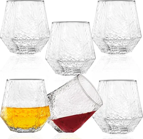 Miniatura 7 de Vasos de diamante – Juego de 6 copas de vino sin tallo – Diseño geométrico inclinado – Vasos de whisky rodantes – Copa de vino