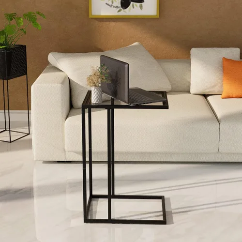 Miniatura 6 de Mesa auxiliar de cristal en C, mesa auxiliar para sofá, mesa auxiliar de vidrio templado con marco de metal, mesa de bandeja de TV para espacio Negro