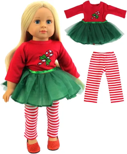 Miniatura 13 de American Fashion World Set de Vestido Tutu de Cane de Caramelo para Muñecas de 14 Pulgadas Incluye Leggings Calidad Premium y Diseño Moderno