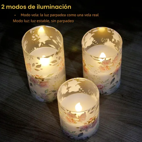 Miniatura 5 de Velas sin llama con tema de amor en forma de rosa, operadas por batería, de vidrio, parpadean, LED, con control remoto, con calcomanía de flores