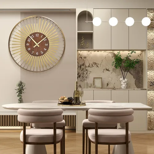 Miniatura 2 de Reloj de pared moderno de mediados de siglo de 24 pulgadas, diseño de metal de marco redondo con centro de madera de nogal, movimiento de cuarzo F