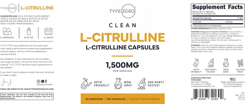 Miniatura 5 de Type Zero Cápsulas de L-citrulina (180 cápsulas) (1500 mg por porción), sin OMG
