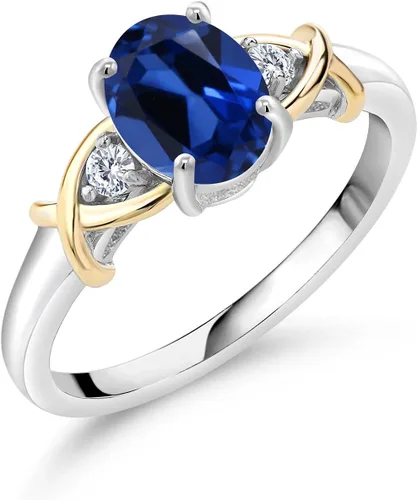 Gem Stone King Anillo de oro amarillo de 10 quilates de 2 tonos y plata de ley 925 con zafiro creado en azul y diamantes cultivados en laboratorio