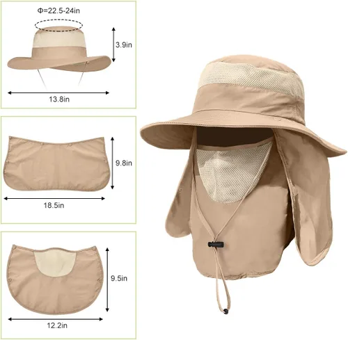 Miniatura 5 de Sombrero de pesca de ala ancha para hombre, 2 piezas, protección solar UPF 50+, extraíble, solapa para cara y cuello
