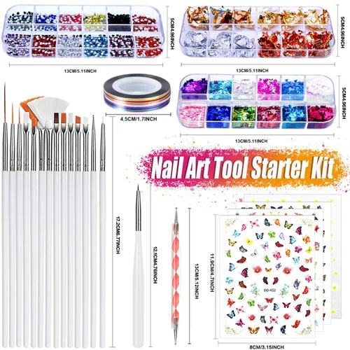 Miniatura 2 de Kit de pinceles y decoraciones de uñas - Arte de uñas 3D, herramientas de puntos, purpurina, calcomanías, diamantes de imitación, papel de aluminio