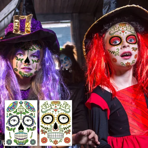 Miniatura 9 de Kit de maquillaje de tatuajes faciales del Día de los Muertos, paquete de 10 tatuajes temporales para Halloween, calavera de azúcar, rosas rojas