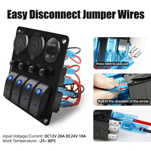 Miniatura 6 de FXC Panel de interruptor basculante azul de barco marino impermeable de 4 vías con enchufe USB QC3.0 y ranura tipo C + encendedor de cigarrillos +