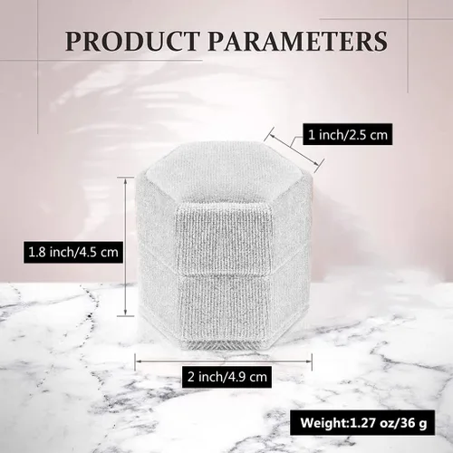 Miniatura 3 de Caja hexagonal de terciopelo para anillos con doble anillo, elegante caja de almacenamiento de joyas para propuestas, compromiso, aniversario, Blanco