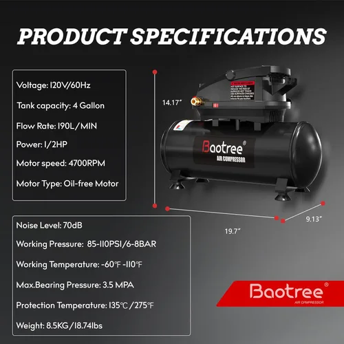 Miniatura 5 de Baotree Compresor de aire portátil de 8 galones, tanque de compresor de aire libre de aceite máximo de 150 PSI, motor de 2 HP 2.8 SCFM a 90 PSI