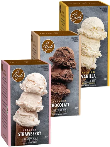 Triple Scoop Mezcla de helado premium, combo napolitano, iniciador de helado para usar con máquina de helados casera, sin sabores artificiales,