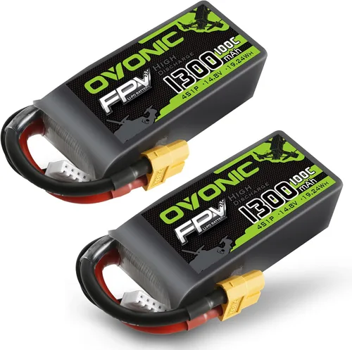 OVONIC 4s Lipo Battery 100C 1300mAh 14.8V Lipo Batería con conector XT60 para RC FPV Racing Drone Quadcopter (2 paquetes)