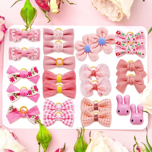 Miniatura 6 de 20 piezas de lazos pequeños de color rosa claro para el pelo de perros con bandas de goma, moño de bola de flores con nudo superior para accesorios