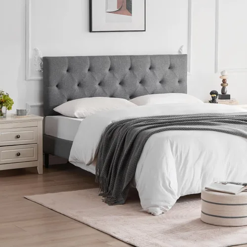 Miniatura 7 de Howjoe Cabecera Tapizada de Lino Tamaño Queen, Cabecero Queen Moderno de Madera Maciza con Capitoné de Diamante Solo, Altura Ajustable de 37" a 51