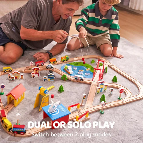 Miniatura 7 de Juego de trenes de madera de 110 piezas - Trenes magnéticos de juguete con pista de madera para niños de 3 a 8 años, set de ferrocarril de escena