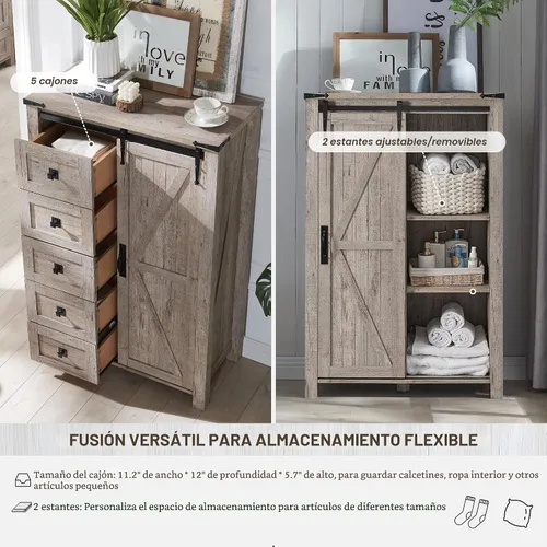 Miniatura 4 de T4TREAM Cómoda de 5 cajones para dormitorio con puerta de granero deslizante, cómoda moderna alta de estilo granja, 5 cajones, organizador de Roble