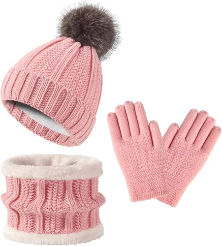 Conjunto de gorro de invierno para niños de 1 a 10 años de edad, guantes y guantes de punto, calentador de cuello, forro polar cálido