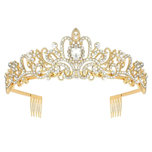 Miniatura 10 de Tiaras y coronas doradas para mujer, corona de cumpleaños clásica con peines, elegantes regalos de fiesta de graduación para mujeres