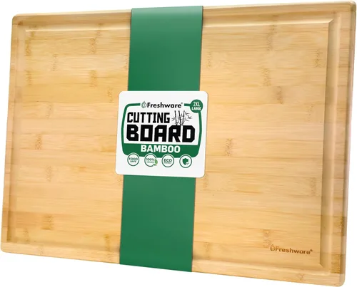 Miniatura 9 de Tabla de cortar de bambú para cocina con ranura para jugos [Extragrande] Tabla de cortar de madera para cortar carne, verduras, frutas, queso