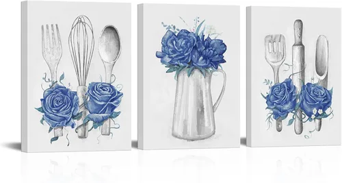 Visual Art Decor Arte de cocina azul decoración pintura enmarcada lista para colgar 12 x 16 pulgadas x 3 piezas (azul oscuro)